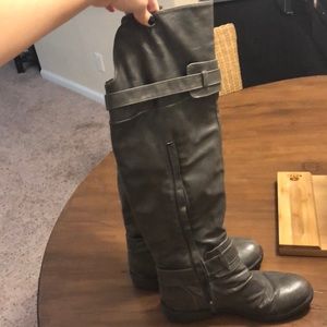 Grey leather knee boots